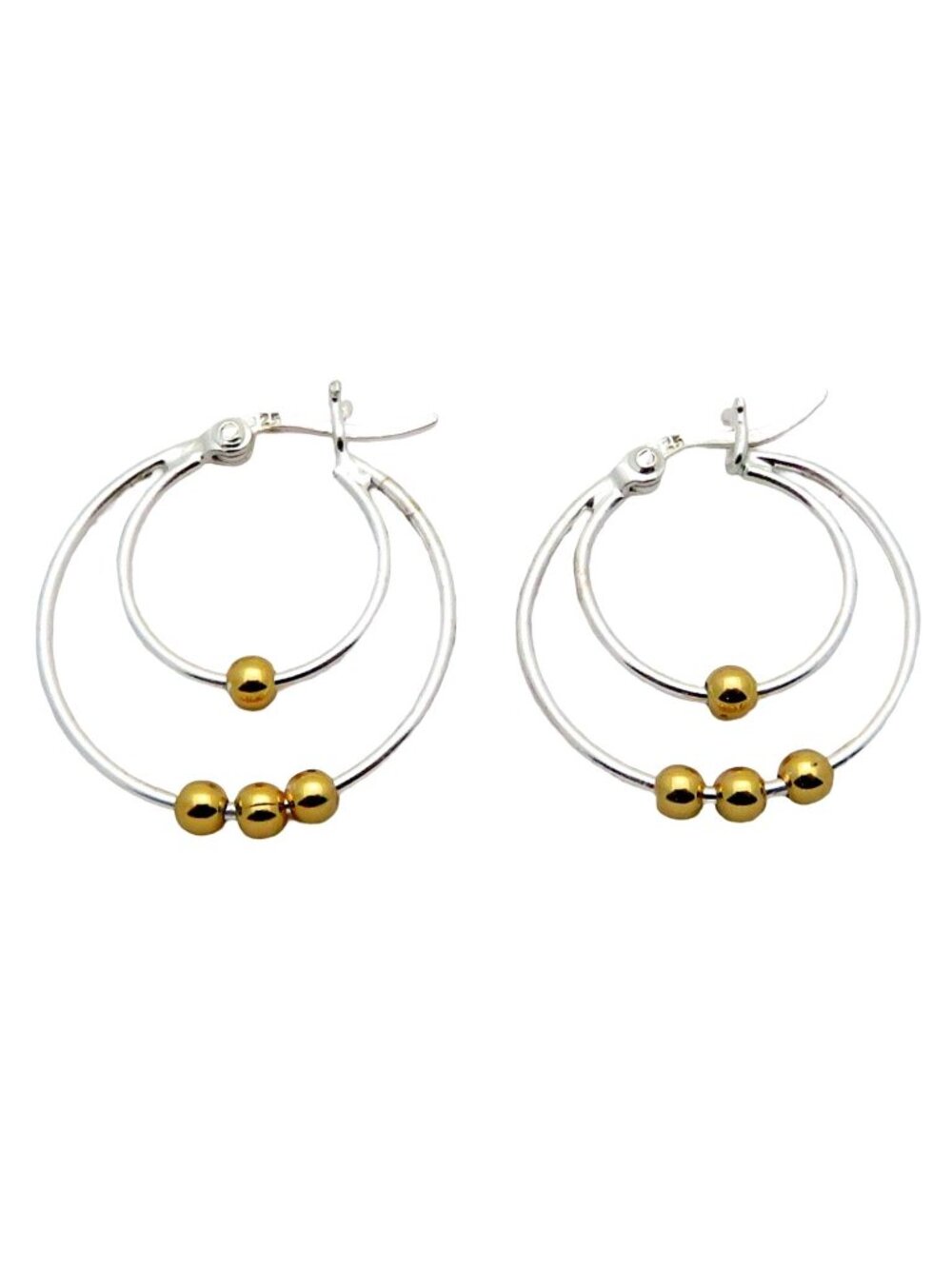 Vintage Sterling Silver 1 Inch Two Tone Double Hoop Earrings w/Gold Beads 2.6 g.